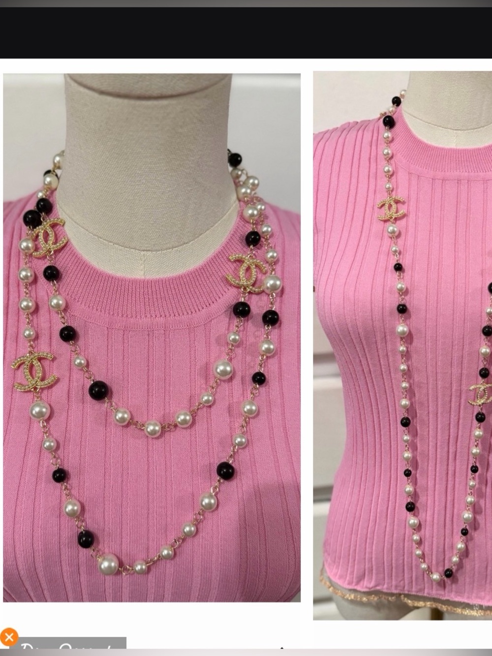 Chanel single strand Gold-Tone Pearl & Black Bead Logo Long Necklace - Pink
